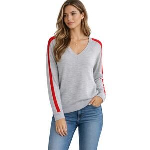 BANANA REPUBLIC | Merino Wool Gray V Neck Red Stripe Sleeve Sweater Preppy | XL